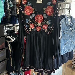 Savanna Jane Black Mini Dress with Red & Light Blue Floral Embroidery